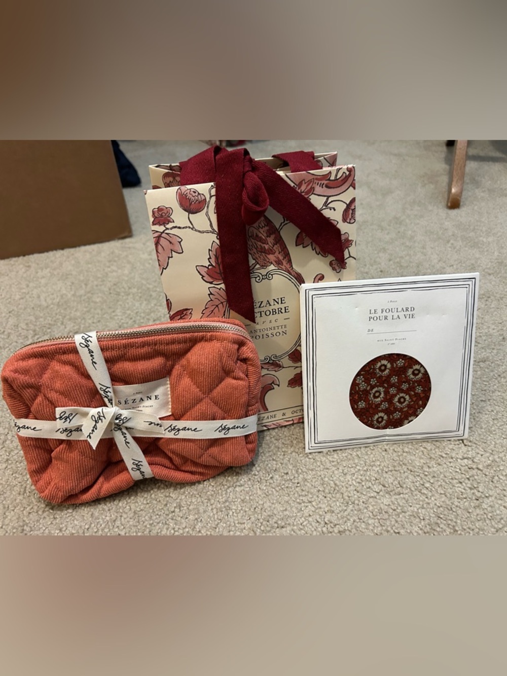 NWT Sezane gift set makeup toiletry bag pink Gaston scarf terracotta Antoinette